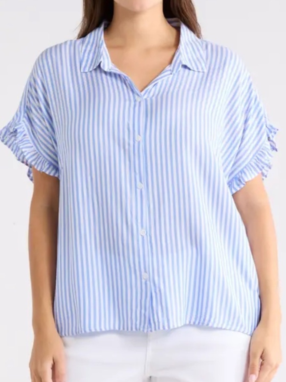 beachlunchlounge Blue and White Vertical Stripe Button-Down Shirt size L